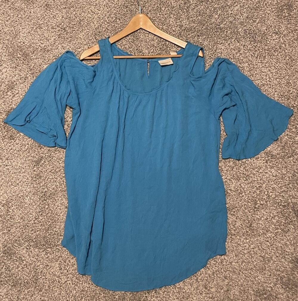 Chicos Womens Top Size 3 US XL Blue Cold Shoulder Sleeve Flowy Lagenlook Boho